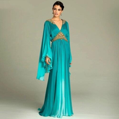 Plus size Blue Dubai Arabic Kaftan Prom Dresses beaded gold crystal sequin long sleeves evening dresses formal party gown