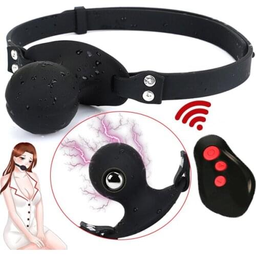 Wireless Remote Electric Shock Mouth Plug Built-In Steel Ball Open Mouth Ball Gag Silicone Harness SM Bondage Sex Toys For Women