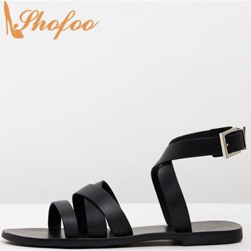 Black Flat Sandals Woman Wrap Around Adjustable Ankle Buckle Strap Vegan Leather Large Size 34 38 Female Ladies Shoes Concise