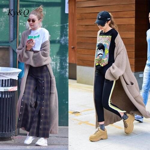 Supermodel Gigi Hadids Same Fashion Loose Light Coffee Long Knitted Cardigan 2021 Autumn Winter Versatile Coat Outside Clothing