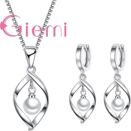 Luxury Romantic Jewelry Sets Earring&Necklace White Pearl Pendant Silver Women Wedding Party Accessaries