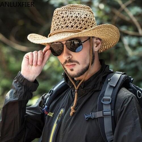 H7260 Outdoor Cowboy Hat Mens Summer Hand-made Cowboy Straw Cap Male Casual Fishing Climbing Sun Protection Breathable Hats