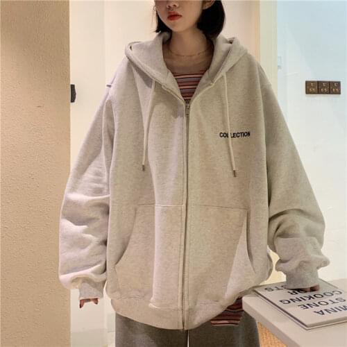 Harajuku Jackets Women Loose Plus Velvet Zip-up Pockets Letter Casual Oversize BF Ulzzang Daily Streetwear Womens clothes