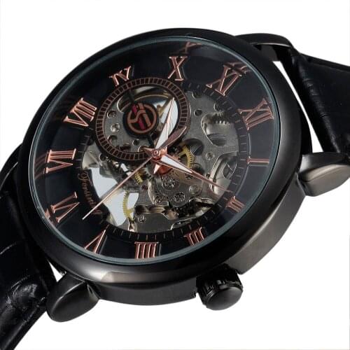 Top FORSINING 3D Logo Design Hollow Engraving Black Case Leather Rome Skeleton Mechanical Watches Men Luxury Brand Heren Horloge