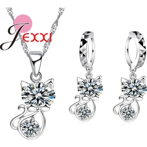 925 Sterling Silver Cubic Zircon Wedding Jewelry Sets AAA CZ Cute Animal Cat Necklace Crystal Drop Earrings Set for Women