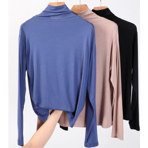 100% cotton long sleeve Solid Turtleneck t-shirt women high stretch slim tops spring autumn skinny Basic Bottoming tshirt tight