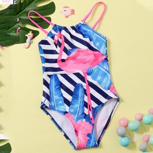 2-6 Years Girls' Swimsuits One Piece 2021 New Flamingo Blue Striped Childrens Swimwear High Flexibility Beachwear TB076