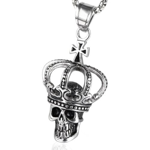 RIR Hip Hop Punk Casting Stainless Steel Vintage Silver/gold Color Cross Imperial Crown Skull Pendants Necklaces For Men Jewelry