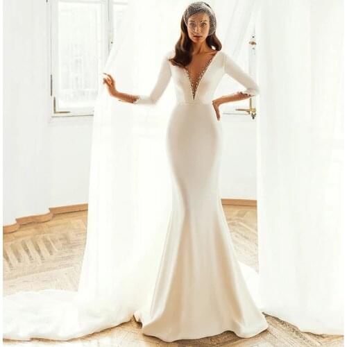 Sexy Wedding Dresses Jersey Appliques Pleat V-Neck Full Sleeve Backless Mermaid Bridal Gowns Novia Do 2021 New