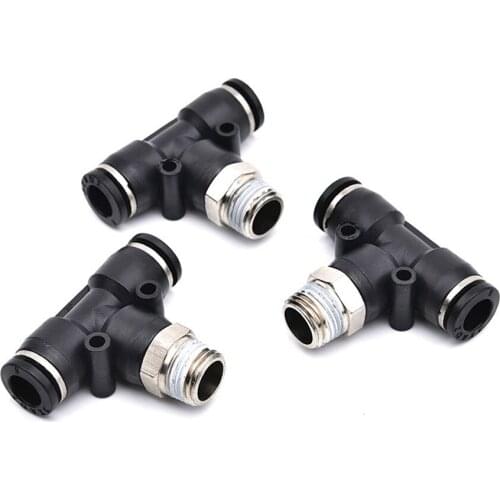 Black Air Connector Fitting T Shape Tee 12mm - 4mm Hose Pipe to 1/8" 1/4" M5 3/8" 1/2" BSP Male Thread Pneumatic Coupler