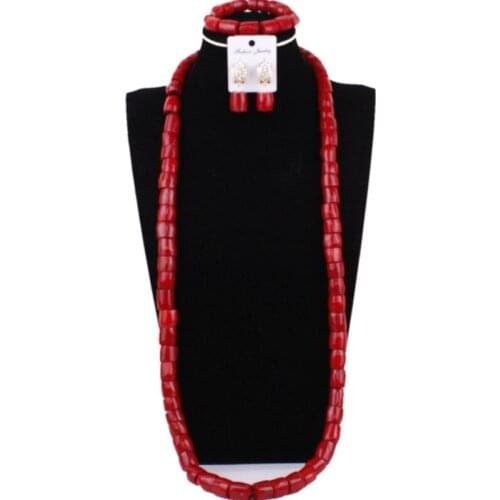 URORU Red Nature Coral Beads Nigerian Bridal Jewelry Sets For Women 3 Pics Bracelet Earrings and Necklace Set African Jewellery