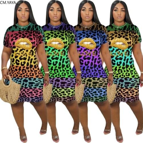 CM.YAYA Women Leopard Lips Print Short Sleeve Bodycon Midi Dress Knee Length Sexy Party Club Bandage Dresses Pencil Vestidos