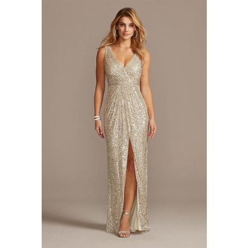 Allover Sequin Pleated V-Neck Gown Slit Straps Floor-Length Sleeveless Champagne Cowl Zipper-up Simple Party Wear Dresses Women