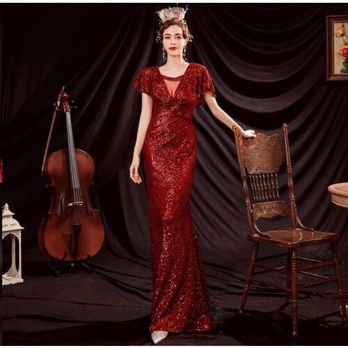 Beauty-Emily Red Evening Dresses Long Luxury Mermaid Sequins For Women 2021 V Neck Sexy Formal Party Dress Wedding Sleeveless