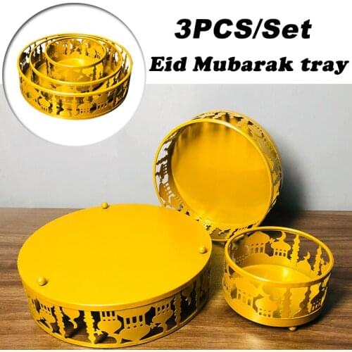 3Pcs/Set Muslim Eid Adha Dinner Plate Iron Round Serving Tray Festival Home Decorative Sundries Display Pallet