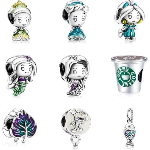 5PCS New Blue Phosphorus Charm Blue Leaf Coffee Cup the Little Mermaid Princess Jasmine Love Bead Fit Pendant Jewelry Accessoies