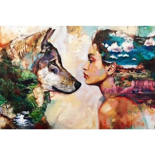 New 5D DIY Diamond Painting Wolf & Girl Cross Stitch Full Drill Pattern Resin Diamond Embroidery Diamond Mosaic Home Decoration