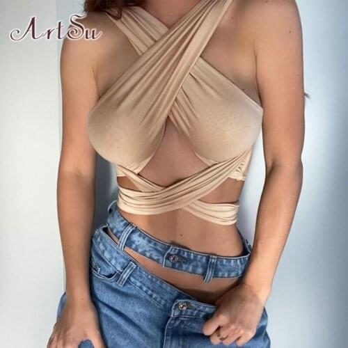 ArtSu Halter Crop Tops Women Bandage Hollow Out Sexy Backless Tanks Vest Skinny Party Clubwear Female Outfits Summer VE52548
