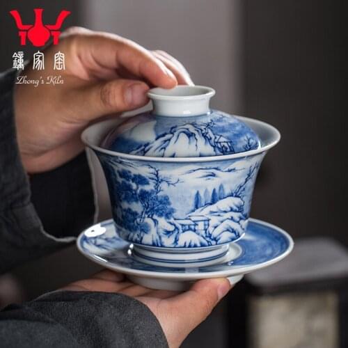 Jingdezhen blue and white maintain manual landscape tea bowl of blue and white porcelain tea set a single three cups