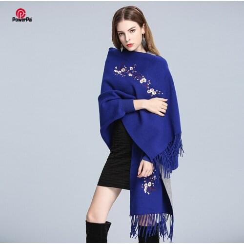Elegant Embroidery Soft Cashmere Shawl Scarf Double Side Long Batwing Wraps Tassels Women Autumn Cape Cardigan New