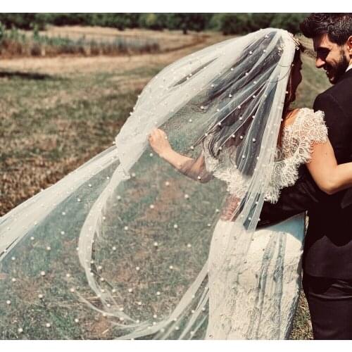 Beautiful Long Pearl Veil One Layer 3M Bridal Veil Cathedral 3 Meters White Ivory Wedding Veil with Pearls Bride Accessories