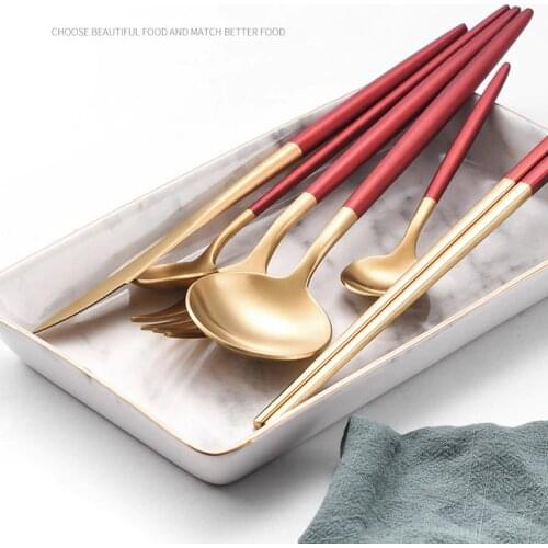Hot Red Gold Dinnerware Stainless Steel Western Cutlery Set Spoon Fork Chopsticks for Kitchen Food Photography Background Props