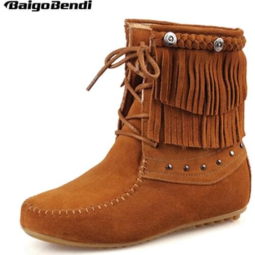 Classical Tassel Boots Woman Cow Suede Leather Moccasin Fringe Boots Lace Up Warm Plush Snow Boots Girls Winter Wedge shoes