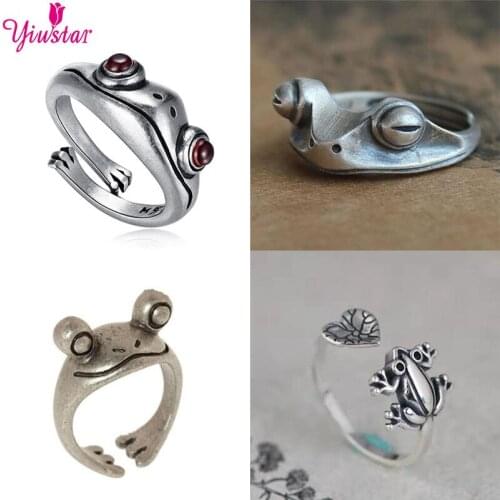 Novel Bohemian Style Frog Design Elegant Art Retro Red Eyes Heart-Shaped Lotus Leaf Open Ring Friend Gift Silver Color Jewelry