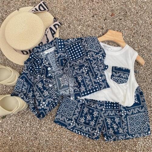 Childrens suit 2021 summer new cashew flower for boys and girls three-piece baby leisure suit