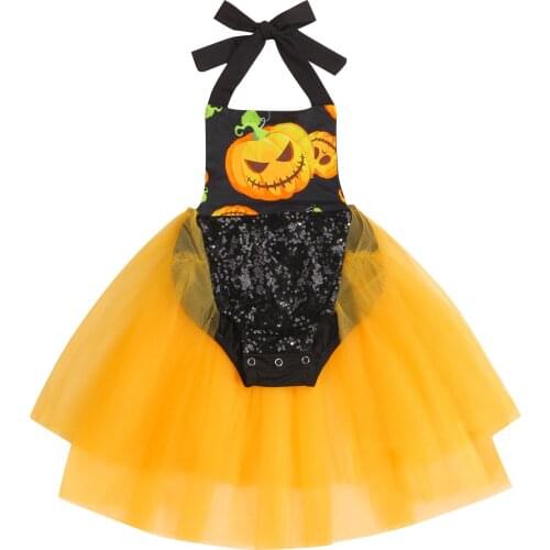 Lovely Baby Girls Pumpkin Print Romper Dress Infant Girls Sleeveless Square Collar Short Halter Jumpsuit with Sequins