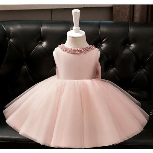 Newborn Baby Girls Baptism Dresses for 1 Year 1st Birthday Beaded Pink Tulle New Born Princess Christening Gown Infants Outfit