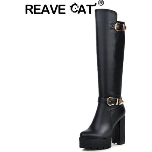 REAVE CAT 2021 Knee High Boots Zip Belt Buckle Party Platforms Block Heel Short Plush Shoes Size 33-40 Black White Brown A4492