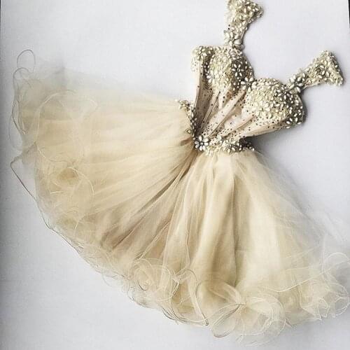 Chic Champagne Beaded Tulle Cocktail Dresses Dress For Graduation Appliques Ruffles Sexy Cute Formal Party Dress Crystal 2020