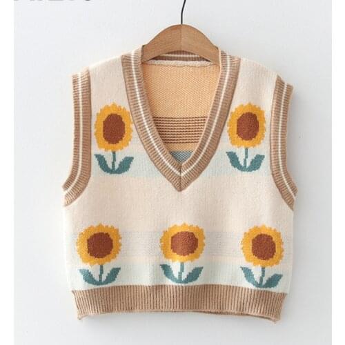 Urifens Pull Waistcoat 2021 New V-neck Sleeveless Korean Chic Sweater Vest Women Casual Loose Floral Print Knit Tops Vest BN49U