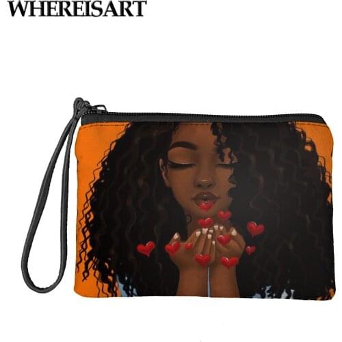 WHEREISART Melanin Poppin Afro Girls Pattern Mini Wallet Cute Art Printing Zipper Coin Bag Pouch Women Coin Purse Change Purses