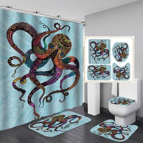 3D Digital Printing Red Octopus Shower Curtain Waterproof Polyester Bathroom Curtain Marine Life Shower Curtain Set Bath Mat Rug