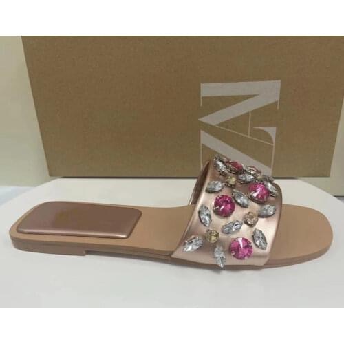 ZAR Woman 2021 Flat Shoes Spring Summer Round Toe Sexy Acrylic Rhinestones Outer Wear Plus Size 40 Sandals And Slippers Women