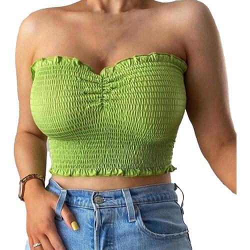 Women Tanks 2021 Summer Casual Crop Top Low Cut Pleated Women Sleeveless Off Shoulder Backless Camisole for Dating