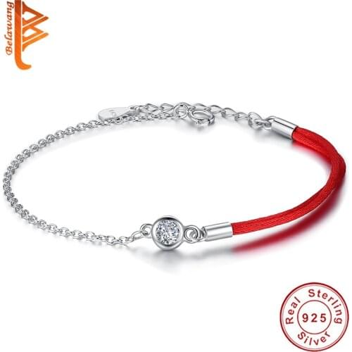 BELAWANG Fashion Classic Red Rope Bracelet Red Thread Line Jewelry 925 Sterling Silver Round Crystal Bracelet for Women Gift