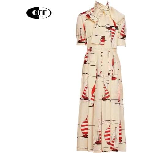 Designer Runway Summer Party Midi Dresses For Women Elegant Traf Bow Printed Short Sleeve Office Work Zevity Chic Dress Vestidos