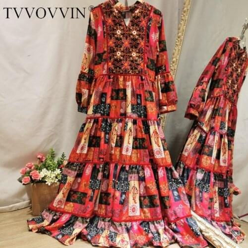 TVVOVVIN Autumn 2020 Spring New Bohemian National Style Travel Holiday Embroided Print V Neck Ankle-Length Full Dress Women NTME