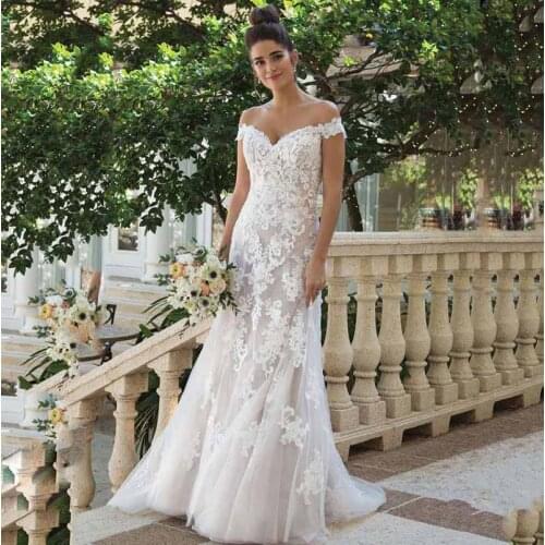 A Line Wedding Dress Off The Shoulder Lace Appliques Bride Dress 2020 Buttons Back Lorie Wedding Gowns Vestido De Novia