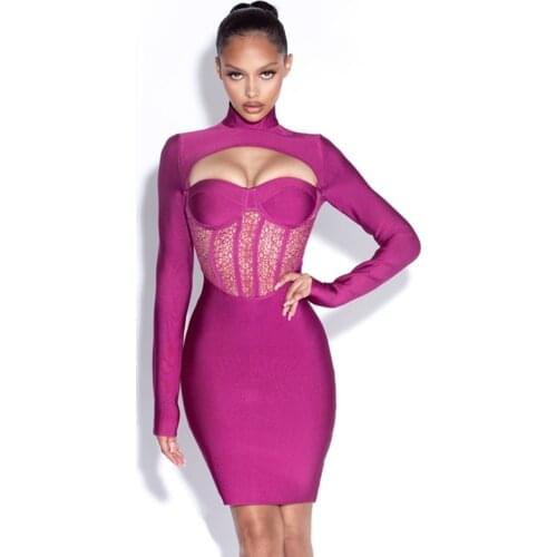 2020 New Fashion Celebrity Night Party Mini Dress Vestidos Sexy Purple Lace Stitching Design Hollow Long Sleeve Bandage Dress