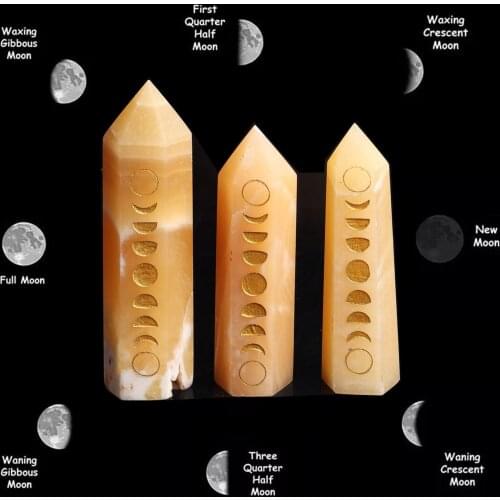 1PC Natural 8-10cm Gold Frozen Stone Point Moon Phase Change Symbol Yellow Quartz Carvings Wand Crystal Healing Home Decoration