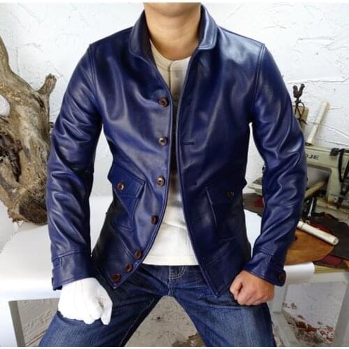 2020 Blue Men American Classic 1920s Jacket Single Breasted Plus Size XXXXL Genuine Cowhide Winter Slim Fit Leather Coat