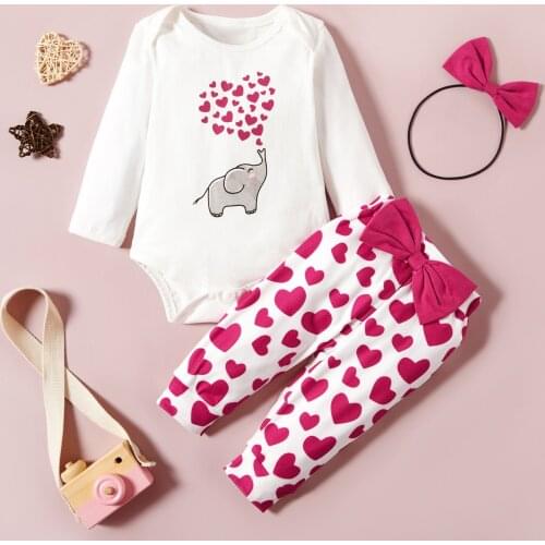 PatPat 3pcs Elephant and Heart Print Bow Decor Long-sleeve White Pink Baby Set