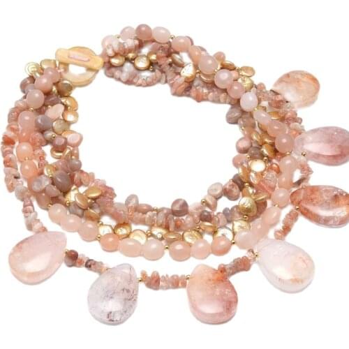 GG Jewelry 5 Rows Natural Golden Coin Pearl Red Quartz Rutilated Sunstone Jade Necklace 18'' Handmade For Women
