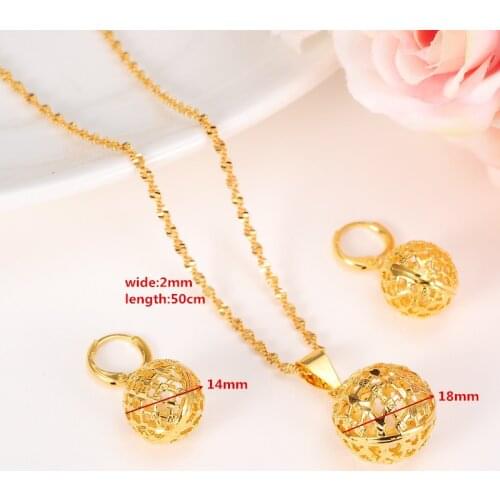 Round Ball Pendant Necklace chain Earrings sets Jewelry 18 k Real Yellow Fine G/F Gold Bead Necklaces set women FREE SHIPPING