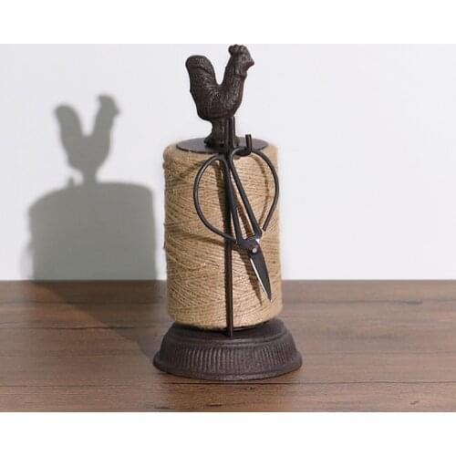 Antique Rustic Big Rooster Cast Iron Hemp Rope Roll Holder With Scissors Figurines European Home Garden Decor Animal Statues
