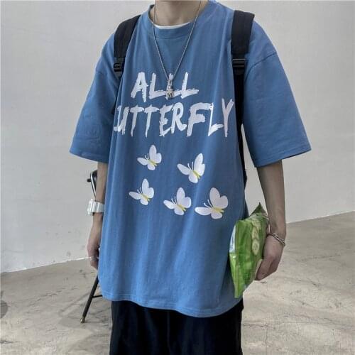 Men Harajuku Butterfly T-shirts Half Sleeve 2020 Summer Mens Korean Oversized T Shirt Vintage Streetwear Cotton Tees